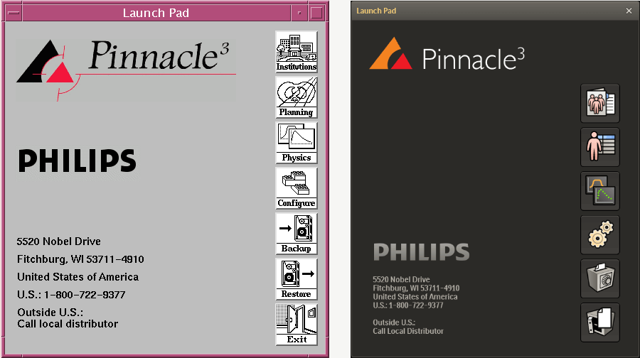 Welkoms scherm van het Philips Pinnacle3 programma. Links het oude ontwerp, rechts het nieuwe.