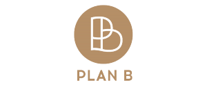 Koperkleurig logo ontwerp voor Plan B organisatie in cirkel met naam eronder.