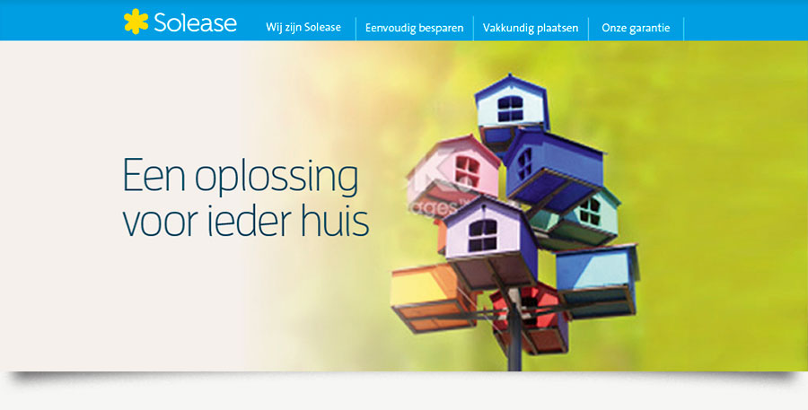 Solease concept "Een oplossing voor ieder huis" met toren bond gekleurde vogelhuisjes.